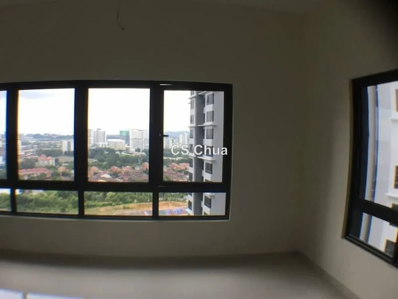 Room features: large floor-to-ceiling windows, neutral painted walls, glossy tile flooring, city skyline view, corner room with natural light; style: modern; view: city.