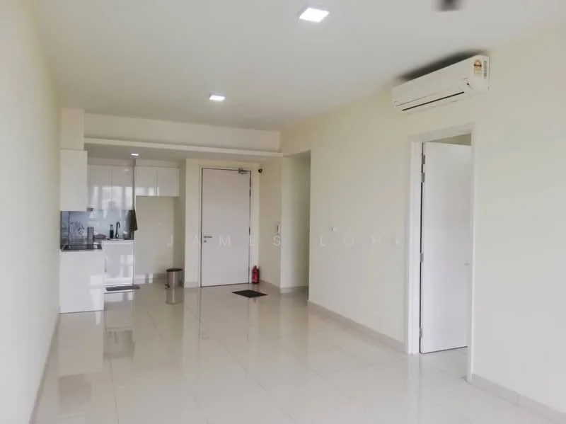 Room features: white painted walls, glossy ceramic tile flooring, recessed LED downlights, wall-mounted split AC, open kitchen area with cabinetry, kitchen countertop, door leading to another room, fire extinguisher visible, neutral color scheme; style: modern.