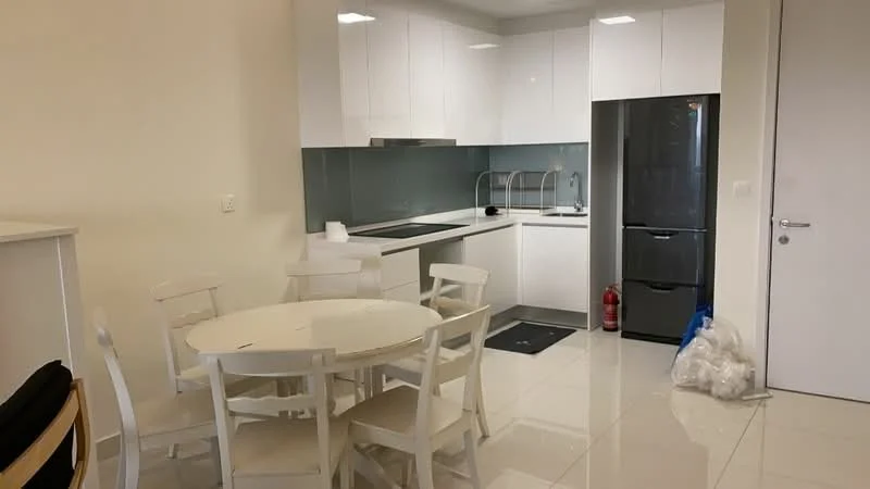 Kitchen features: white glossy cabinetry, black countertop, stainless-steel fridge, built-in oven, ceramic cooktop, single-bowl stainless-steel sink, chrome pull-down faucet, white tiled backsplash, white walls, recessed LED downlights, dining table with white finish, 4 white dining chairs, large window for natural light, tile flooring; style: modern.