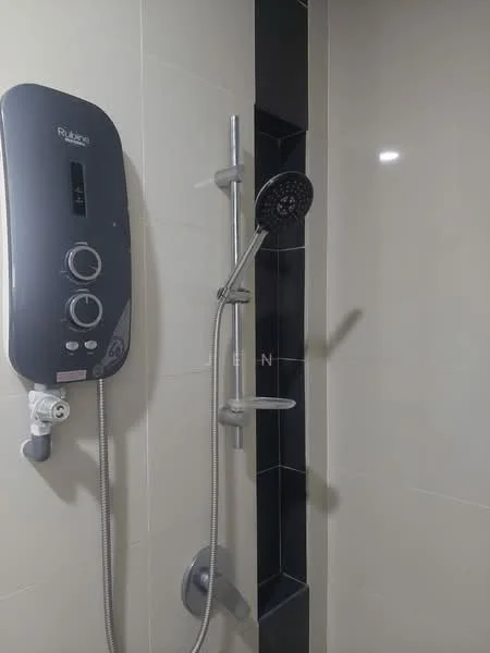 Bathroom features: shower head, handheld shower, shower control panel, tiled walls, black accent tile, chrome shower fixtures; style: modern.