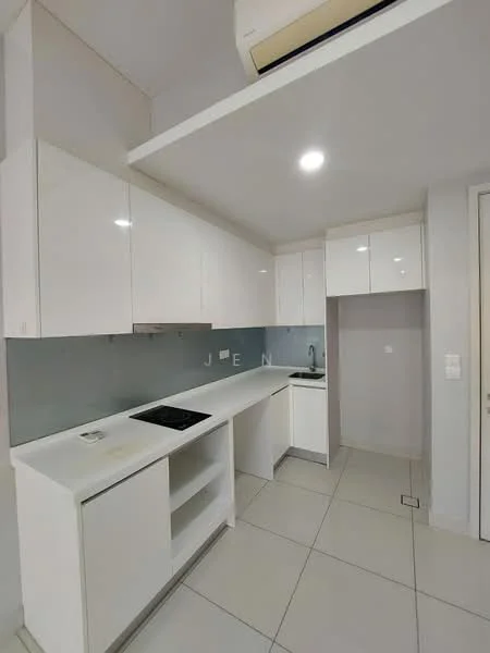 Kitchen features: white flat-panel cabinets, grey backsplash, single-bowl stainless-steel sink, chrome pull-down faucet, built-in cooktop, open shelving, countertop with storage, tile flooring, recessed LED downlights, wall-mounted air conditioning unit; style: modern.
