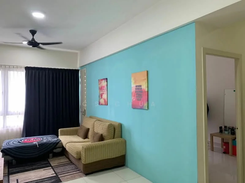 Living features: 3-seater fabric sofa in beige, black area rug, round coffee table, light blue accent wall, white painted walls, floor-to-ceiling windows with sheer curtains, ceiling fan, decorative artwork on walls, tile flooring; style: modern. Room features: white painted walls, doorway leading to another room, tile flooring.