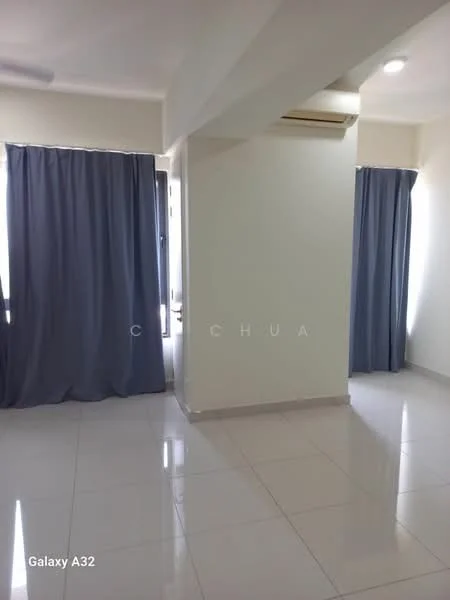 Room features: white painted walls, glossy ceramic tile flooring, floor-to-ceiling windows, grey curtains, 1 wall-mounted split AC.