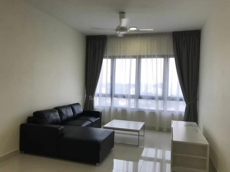 Living features: black leather sectional sofa, white coffee table, white TV console, floor-to-ceiling windows, sheer curtains, grey curtains, polished tile flooring, ceiling fan with light; style: modern; view: city.