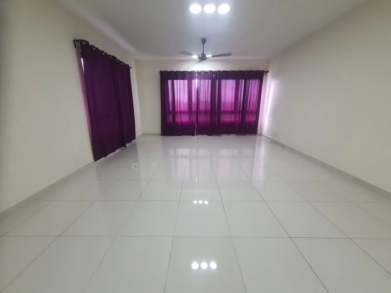 Living features: white painted walls, glossy ceramic tile flooring, 5-blade ceiling fan with light, floor-to-ceiling windows, purple sheer curtains, recessed ceiling lights; style: modern.