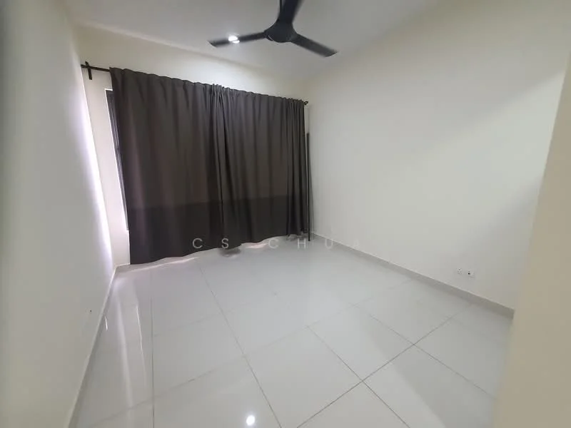 Room features: white painted walls, glossy ceramic tile flooring, ceiling fan, blackout curtains, large window; style: modern.