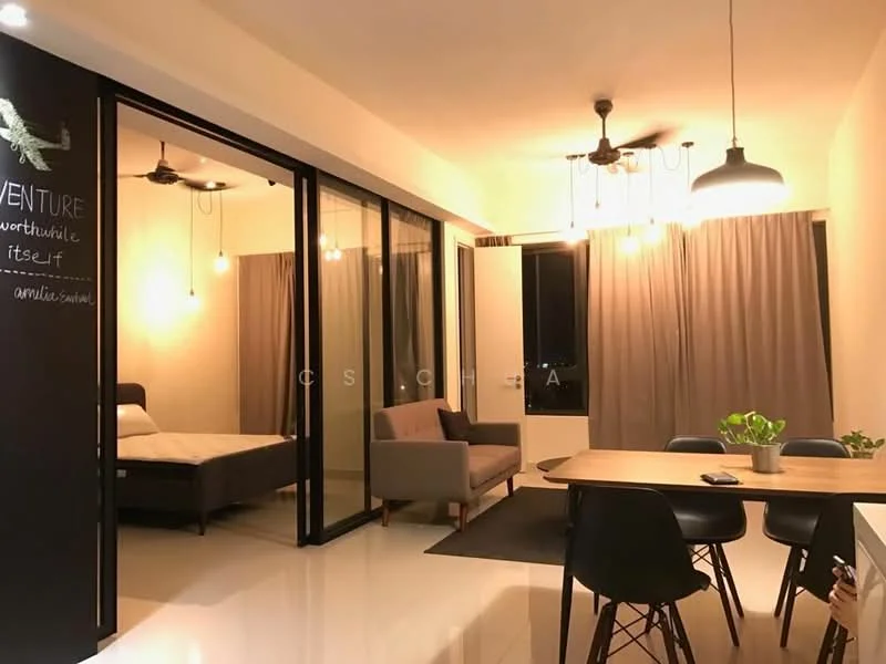 Living features: 3-seater fabric sofa in grey, coffee table, wall-mounted TV, pendant light, 5-blade ceiling fan, floor-to-ceiling windows, sheer curtains, area rug with geometric pattern, decorative mirror; style: modern; view: city. Dining features: 6-seater dining table, black dining chairs, potted plant on table; style: modern. Bedroom features: queen-size bed, upholstered headboard, bedside lamps, built-in wardrobe; style: modern.