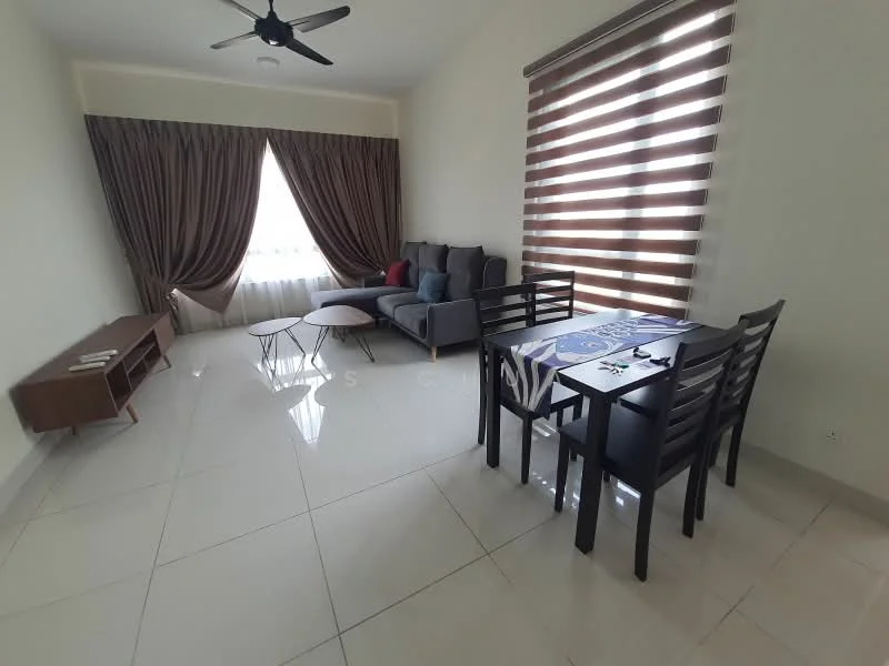 Living features: grey fabric sofa, 2 coffee tables, wooden TV console, floor-to-ceiling windows, sheer curtains, blackout curtains, ceiling fan, white painted walls, glossy ceramic tile flooring, dining table with 4 black chairs; style: modern.
