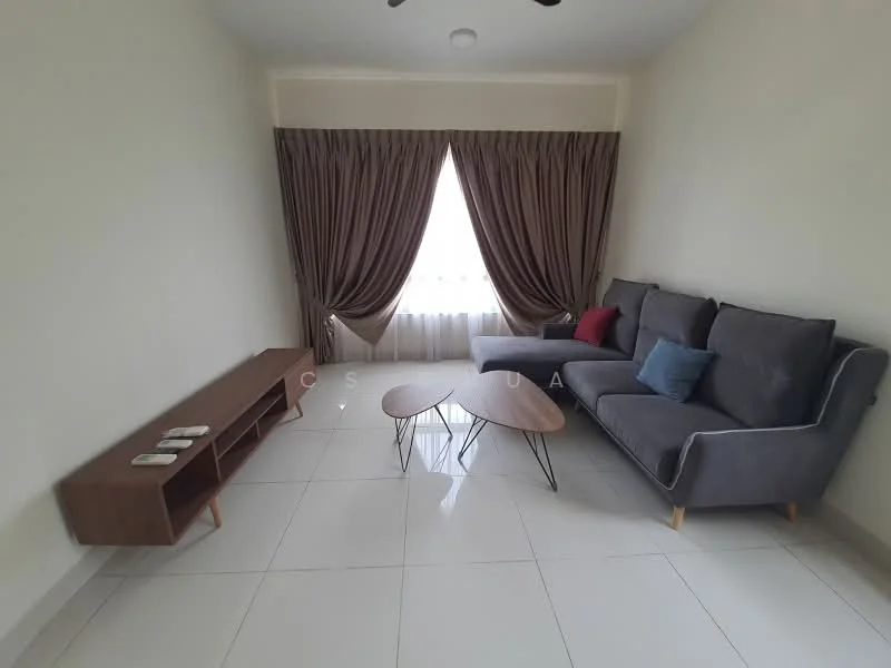 Living features: grey fabric sectional sofa, two coffee tables with metal legs, wooden TV console with open shelving, floor-to-ceiling window, sheer curtains, dark brown heavy drapes, white painted walls, glossy tile flooring, ceiling fan; style: modern.