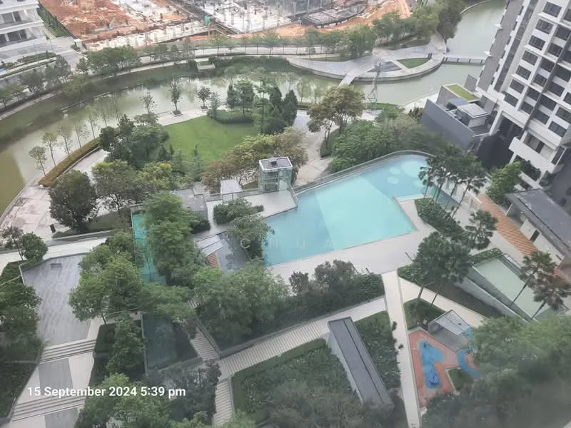 Exterior type: high-rise condominium; features: infinity pool, landscape garden, manicured lawn, paved walkways, children's playground, water features, surrounding greenery, pool deck with loungers; style: modern.
