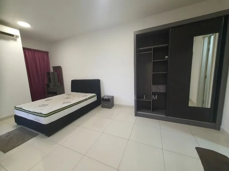 Bedroom features: queen-size bed base, mattress on bed base, black wardrobe with mirrored door, white painted walls, white tiled flooring, curtains in dark red, nightstand, ceiling light; style: modern.