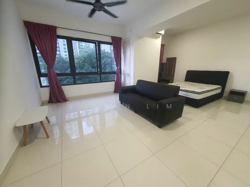 Bedroom features: white painted walls, glossy tile flooring, floor-to-ceiling windows, black upholstered bed frame, mattress on bed frame, black bedside table, light grey sofa, curtains in dark pink, ceiling fan; style: modern; view: garden.