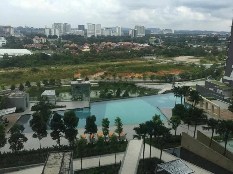 Exterior type: high-rise condominium; features: infinity pool, pool deck with loungers, landscaped garden, manicured lawn, mature trees, water feature, walking path, surrounding greenery, urban skyline view, adjacent to residential area; style: modern.