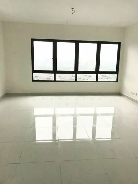 Room features: large floor-to-ceiling windows, white painted walls, glossy ceramic tile flooring, neutral color scheme, no visible furniture, open layout, city view, recessed ceiling light fixture; style: modern; view: city.