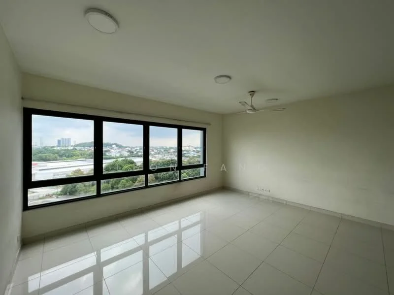 Living features: large floor-to-ceiling windows, white painted walls, polished ceramic tile flooring, 5-blade ceiling fan with light, neutral color scheme, city view, natural light, no visible furniture; style: modern; view: city.
