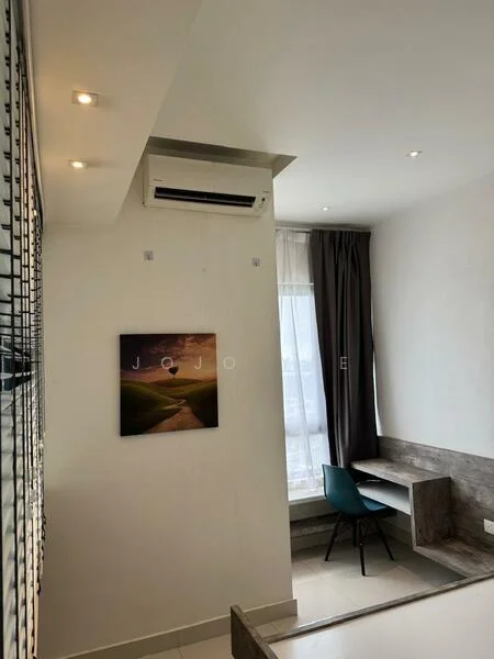 Room features: white painted walls, recessed downlights, 1 wall-mounted split AC, floor-to-ceiling window, grey curtains, wooden desk, blue chair, light-colored flooring, framed artwork; style: modern.
