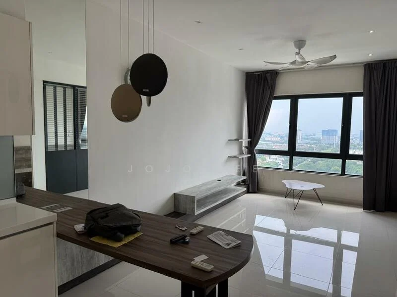 Living features: floor-to-ceiling windows, grey curtains, 5-blade ceiling fan with light, white painted walls, polished tile flooring, wall-mounted TV console, open shelving unit, wooden dining table, stainless-steel appliances, decorative items on table; style: modern; view: city.