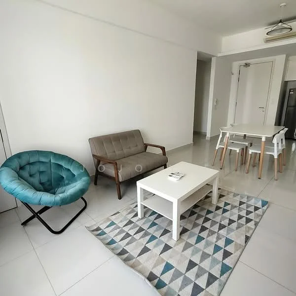 Living features: grey fabric sofa, blue fabric chair, white coffee table, geometric area rug, white dining table, 4 wooden dining chairs, white painted walls, tile flooring, recessed downlights, floor-to-ceiling windows; style: modern.