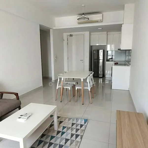 Living features: white painted walls, glossy tile flooring, 5-blade ceiling fan with light, floor-to-ceiling windows, sofa in grey fabric, coffee table in white, dining table with 4 white chairs, refrigerator in stainless steel, built-in kitchen cabinetry in white, kitchen countertop in white, air conditioning unit on wall; style: modern.