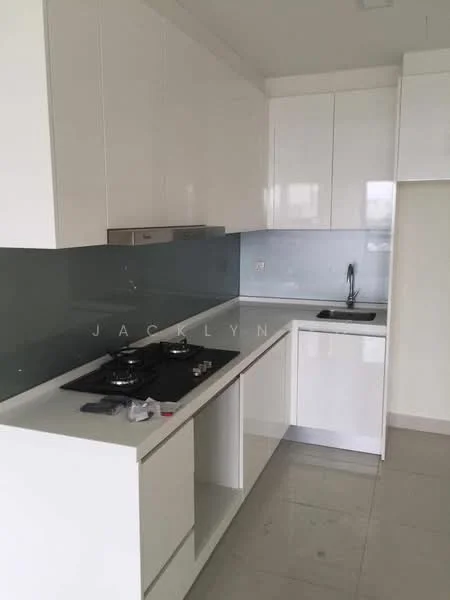 Kitchen features: white cabinetry, glass backsplash in light blue, stainless-steel sink, chrome pull-down faucet, built-in oven, 4-burner gas hob, white countertop, ceramic tile flooring, recessed downlights, wall-mounted cabinets; style: modern.