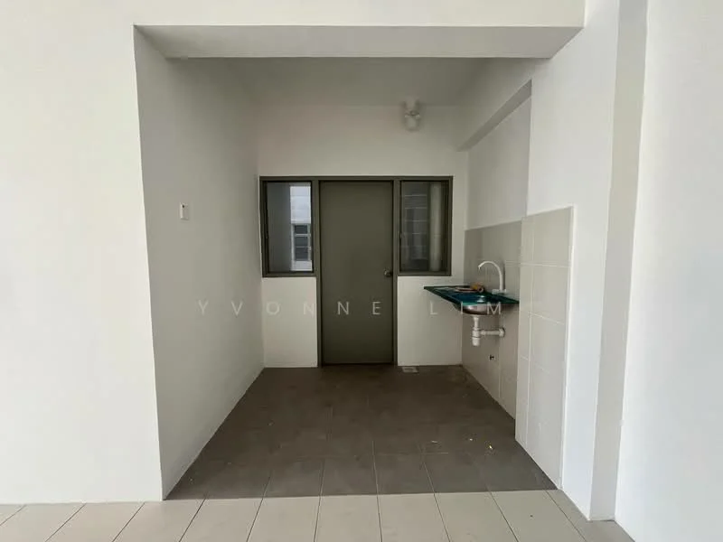 Room features: white painted walls, grey tiled flooring, single-bowl stainless-steel sink, chrome faucet, window with grid pattern, door with grey finish, countertop with blue surface, light fixture on ceiling; style: modern.