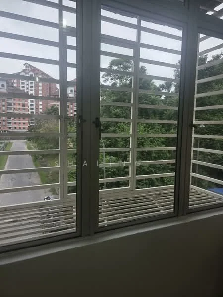 Room features: sliding windows, metal grilles, view of greenery, view of pathway, white walls, light-colored flooring; view: garden.