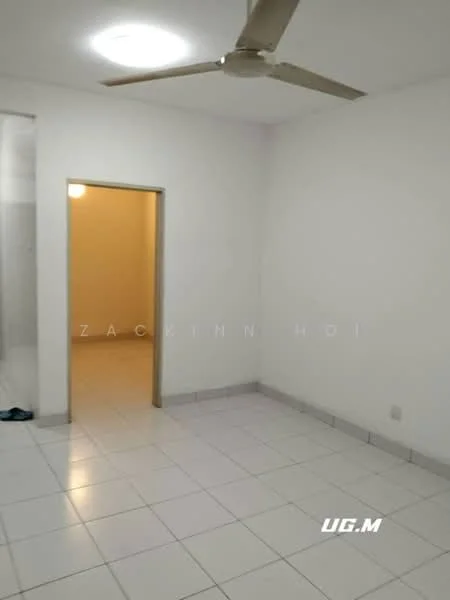 Room features: white painted walls, tile flooring, ceiling fan, single light fixture, doorway leading to another room, neutral color scheme; style: minimalist.