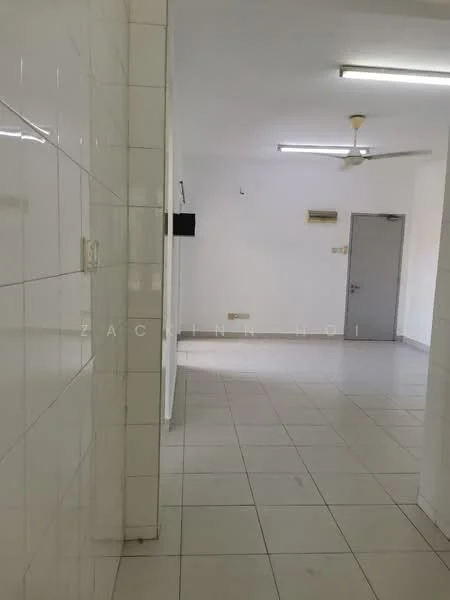 Room features: white tiled walls, white tiled flooring, fluorescent ceiling lights, ceiling fan, open layout, doorway leading to another room, wall-mounted TV bracket, ventilation grill; style: minimalist.