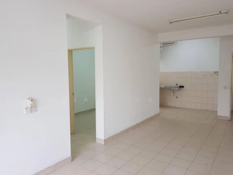 Room features: white painted walls, tile flooring, fluorescent ceiling lights, kitchenette area with wall tiles, open layout, doorway leading to another room, air conditioning unit, neutral color scheme; style: modern.