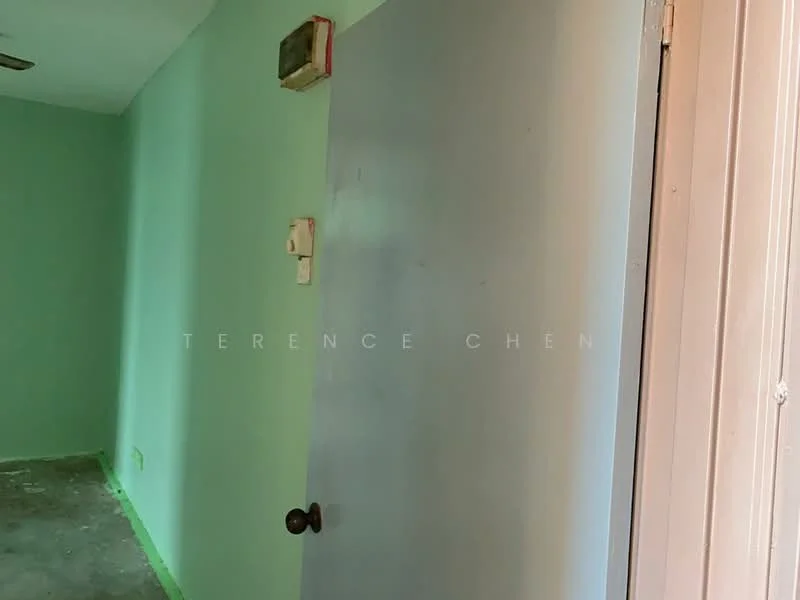 Room features: green painted walls, grey door, wooden door handle, concrete flooring, light fixture on ceiling.