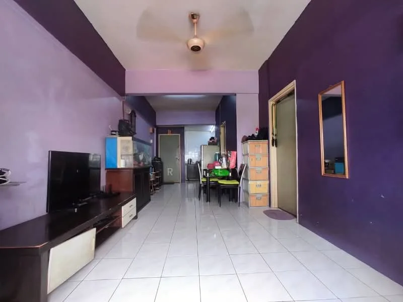 Living features: purple painted walls, white tiled flooring, ceiling fan with light, wall-mounted TV, TV console, dining table with chairs, wooden cabinet, mirror on wall, doorway leading to other rooms.