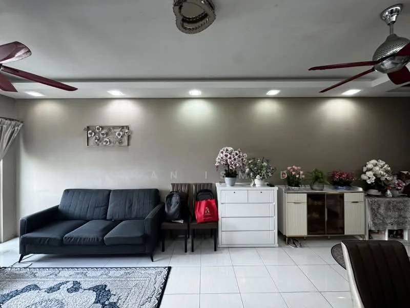 Living features: 3-seater fabric sofa in dark grey, 2 black dining chairs, white sideboard cabinet, decorative wall art, recessed LED downlights, 2 ceiling fans with lights, white tiled flooring, area rug with geometric pattern, potted plants on sideboard, decorative flowers on table; style: modern.