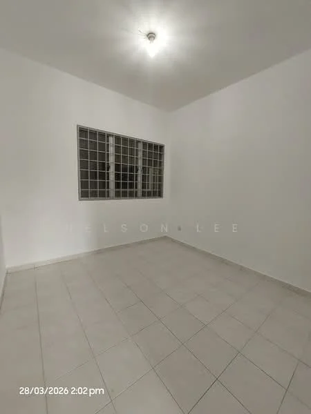 Room features: white painted walls, tile flooring, grid-patterned windows, ceiling light fixture, no visible furniture, neutral color scheme, square room layout; style: minimalist.
