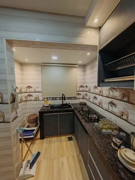 Kitchen features: black granite countertop, single-bowl stainless-steel sink, chrome pull-down faucet, built-in gas stove with two burners, wall-mounted kitchen cabinets, decorative wall tiles with floral pattern, light-colored tiled walls, wooden flooring, recessed downlights, window with roller blinds, dish rack, cleaning supplies storage; style: modern.