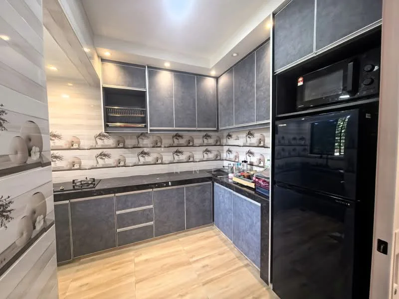 Kitchen features: grey cabinetry with flat-panel doors, white countertop, stainless-steel sink, chrome pull-down faucet, 4-burner gas hob, built-in oven, black refrigerator, wall-mounted range hood, tile backsplash with floral pattern, recessed downlights, laminate flooring, open shelving, decorative wall paneling; style: modern.