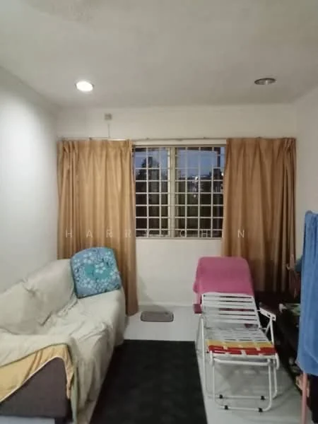 Living features: light grey painted walls, white ceiling, recessed downlights, floor-to-ceiling window, sheer curtains, beige curtain, 3-seater fabric sofa in light grey, blue decorative cushion, wooden TV console, area rug with geometric pattern, folding lounge chair, clothes drying rack; style: minimalist.
