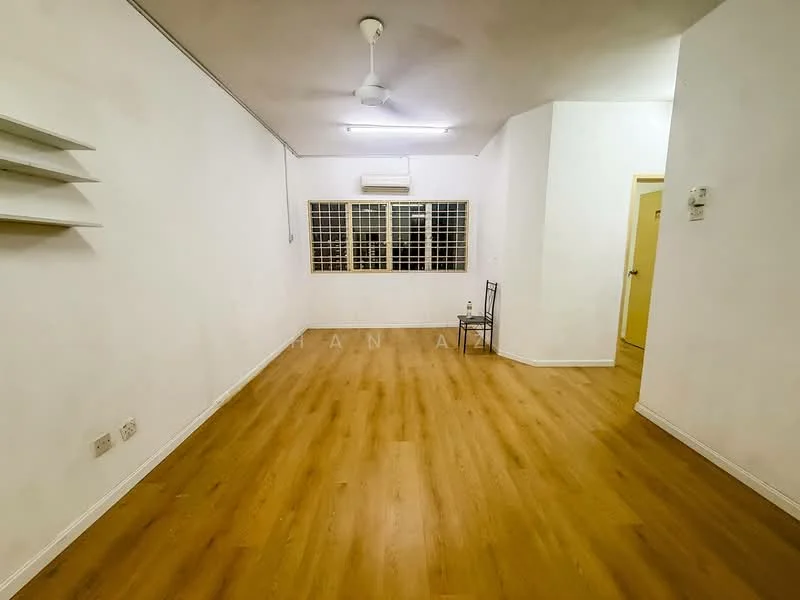 Room features: white painted walls, laminate flooring, ceiling fan, window with grille, single chair, air conditioning unit, open layout, natural light from window; style: minimalist.