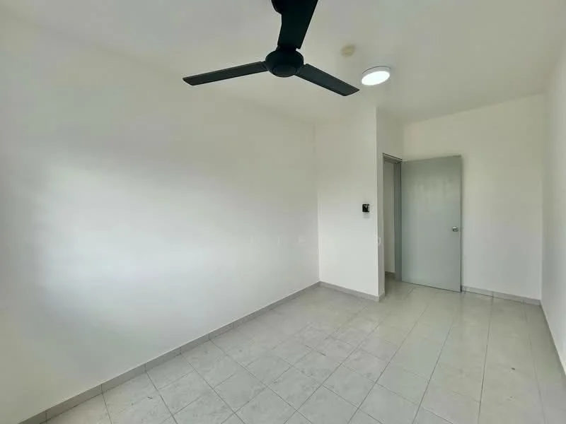 Room features: white painted walls, tile flooring, ceiling fan, single light fixture, door to adjacent room, window with no visible treatment.