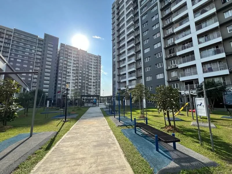 Exterior type: high-rise condominium; features: manicured lawn, playground equipment, walking path, outdoor fitness stations, landscaped garden, multiple high-rise buildings, sunlight reflecting off buildings, greenery surrounding the area; style: modern.