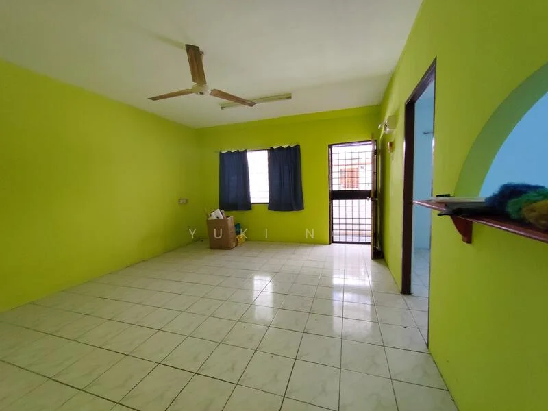 Living features: lime green painted walls, white tiled flooring, 5-blade ceiling fan, floor-to-ceiling window, blue curtains, wooden door, arched doorway to adjacent room, box in the corner.