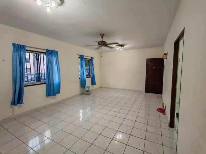 Living features: white painted walls, ceramic tile flooring, 5-blade ceiling fan, recessed downlights, two windows with blue curtains, wooden door, light-colored ceiling, empty space.