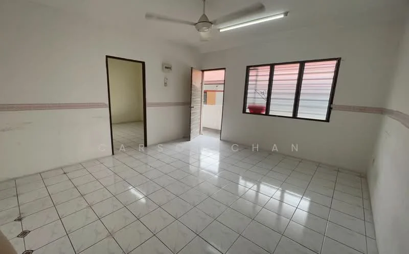 Room features: white painted walls, white tiled flooring, ceiling fan, single window with white frame, door leading to another room, door leading outside, baseboard, light from ceiling.
