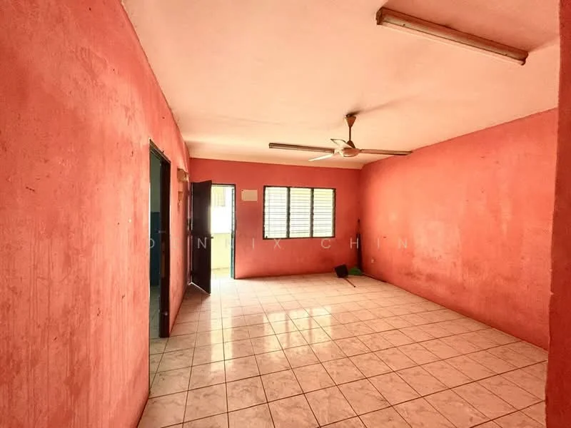 Room features: pink painted walls, white tiled flooring, ceiling fan, two windows, two doors, fluorescent ceiling light.