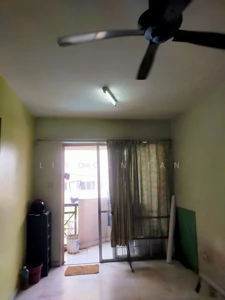 Room features: green painted walls, ceiling fan, sliding glass door, curtains, tile flooring, light fixture, door mat, balcony view.