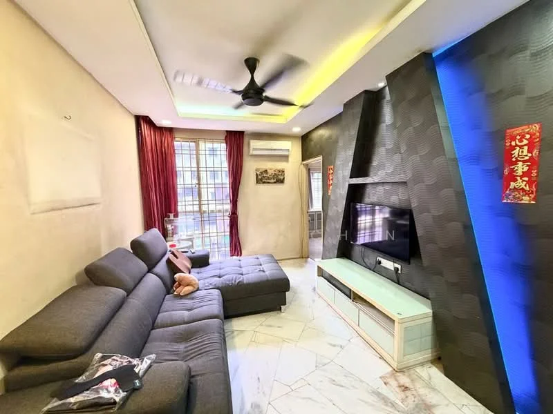 Living features: L-shape sectional fabric sofa in grey, marble flooring, wall-mounted TV, TV console with storage, 5-blade ceiling fan with light, recessed LED downlights, textured accent wall in dark colour, floor-to-ceiling windows with sheer curtains, decorative wall art, air conditioning unit; style: modern.
