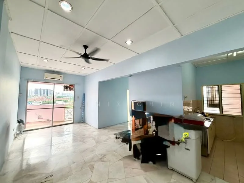 Living features: light blue painted walls, white ceiling with recessed downlights, 5-blade ceiling fan, marble flooring, floor-to-ceiling windows, sliding glass door, balcony access, city view, air conditioning unit, open layout to kitchen; style: modern; view: city. Kitchen features: kitchen island, stainless-steel sink, built-in cabinets, washing machine, refrigerator, open layout to living area; style: modern.