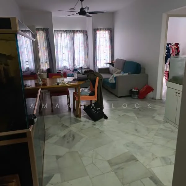 Living features: marble flooring, 5-blade ceiling fan, floor-to-ceiling windows with sheer curtains, sofa in grey, dining table with chairs, decorative wall, light-colored walls, natural light from windows; style: modern. Room features: light-colored walls, marble flooring.