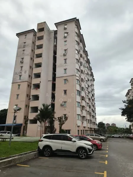 Exterior type: mid-rise condominium; features: pink painted facade, 6-storey building, balconies on each floor, parking lot in front, landscaped area with palm trees, outdoor lighting, surrounded by greenery; style: modern.