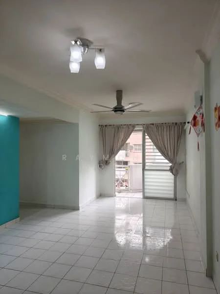 Living features: white painted walls, glossy white tile flooring, 5-blade ceiling fan with light, sliding glass door, sheer curtains, recessed ceiling lights, open layout, natural light from sliding door; style: modern.