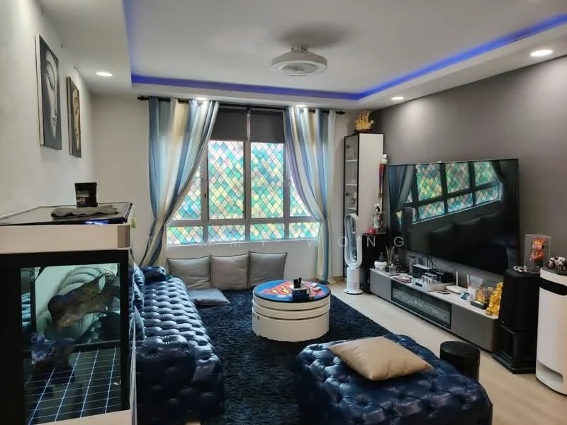 Living features: blue tufted leather sofa, round coffee table, black area rug, wall-mounted TV, TV console, white shelving unit, decorative items on shelves, ceiling-mounted light fixture, curtains with geometric pattern, large windows with stained glass, wall art with portraits, recessed lighting; style: modern.
